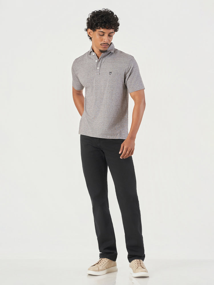 Grey Striped Cotton Polo T-Shirt