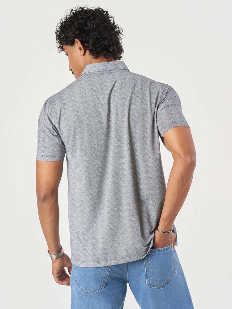 Grey Striped Spandex Polo T-Shirt