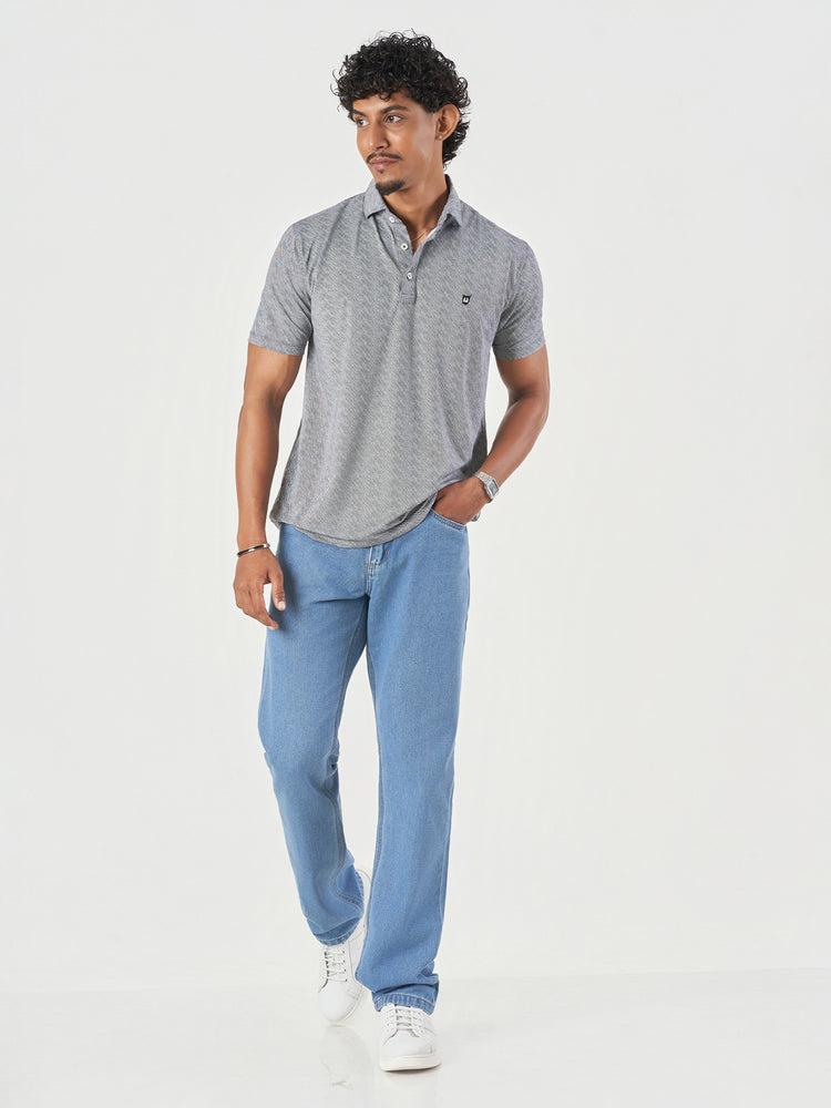 Grey Striped Spandex Polo T-Shirt
