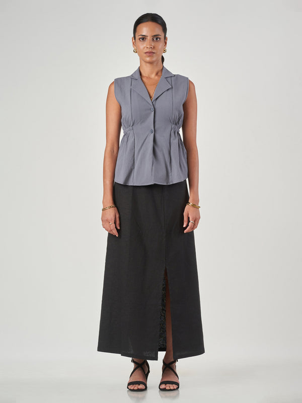 Grey Textured Sleeveless Blouse