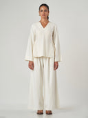 Ivory V-Neck Wide Leg Trouser Set