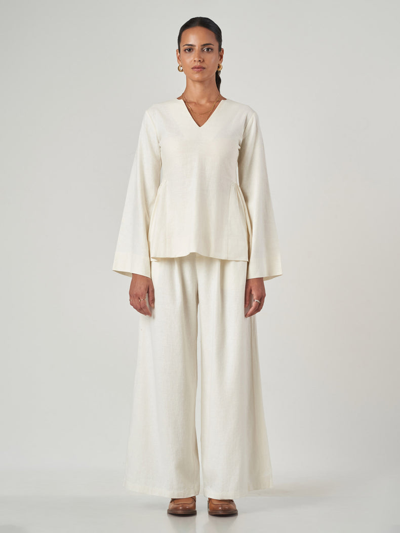Ivory V-Neck Wide Leg Trouser Set