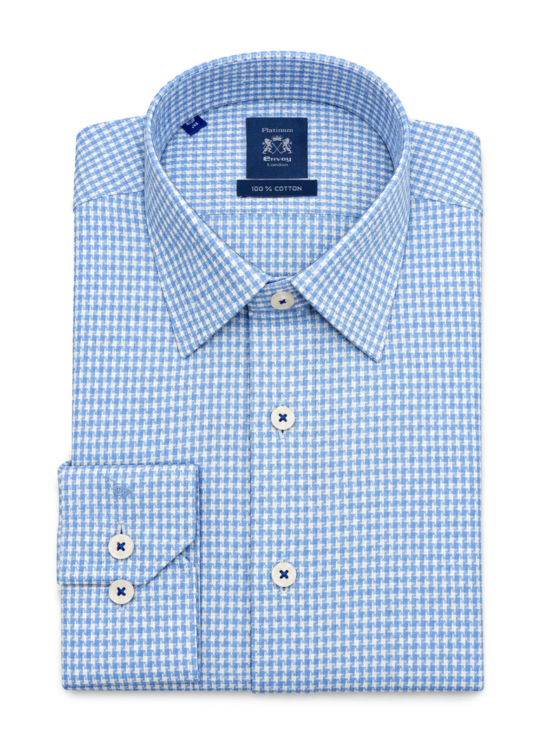 Light Blue Houndstooth Cotton Tailored Fit Shirt