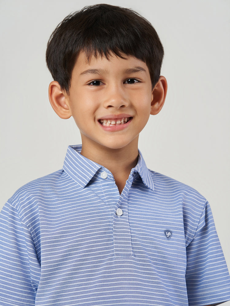 Light Blue Striped Cotton Short Sleeve Polo T-Shirt