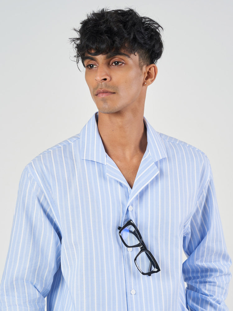 Light Blue Striped Cuban Collar Cotton Shirt