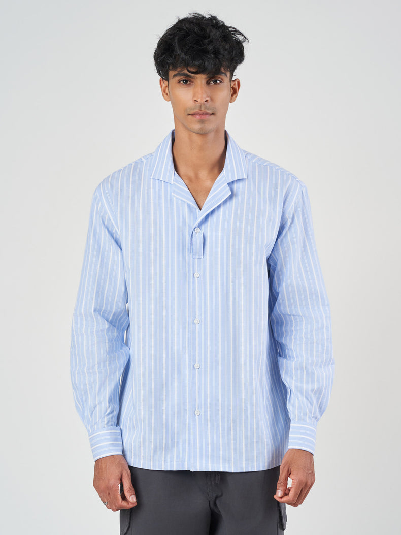 Light Blue Striped Cuban Collar Cotton Shirt
