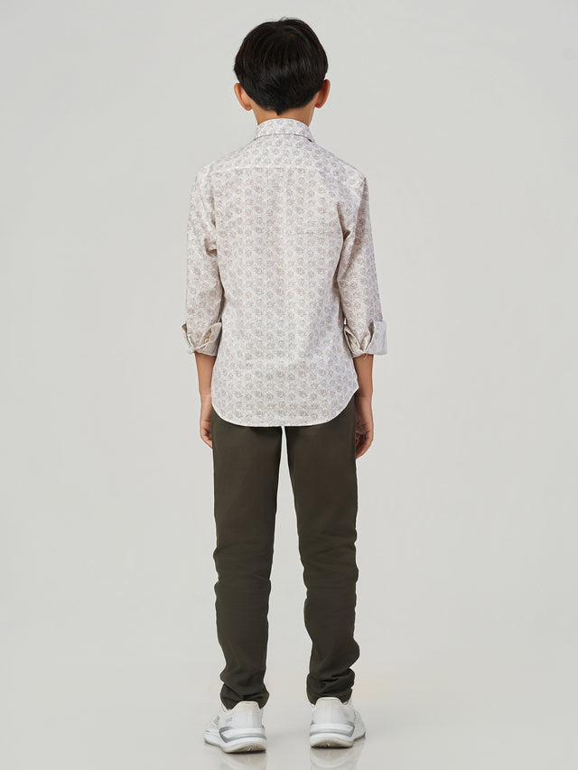 Light Brown Leaf Printed Cotton Viscose Long Sleeve Shirt