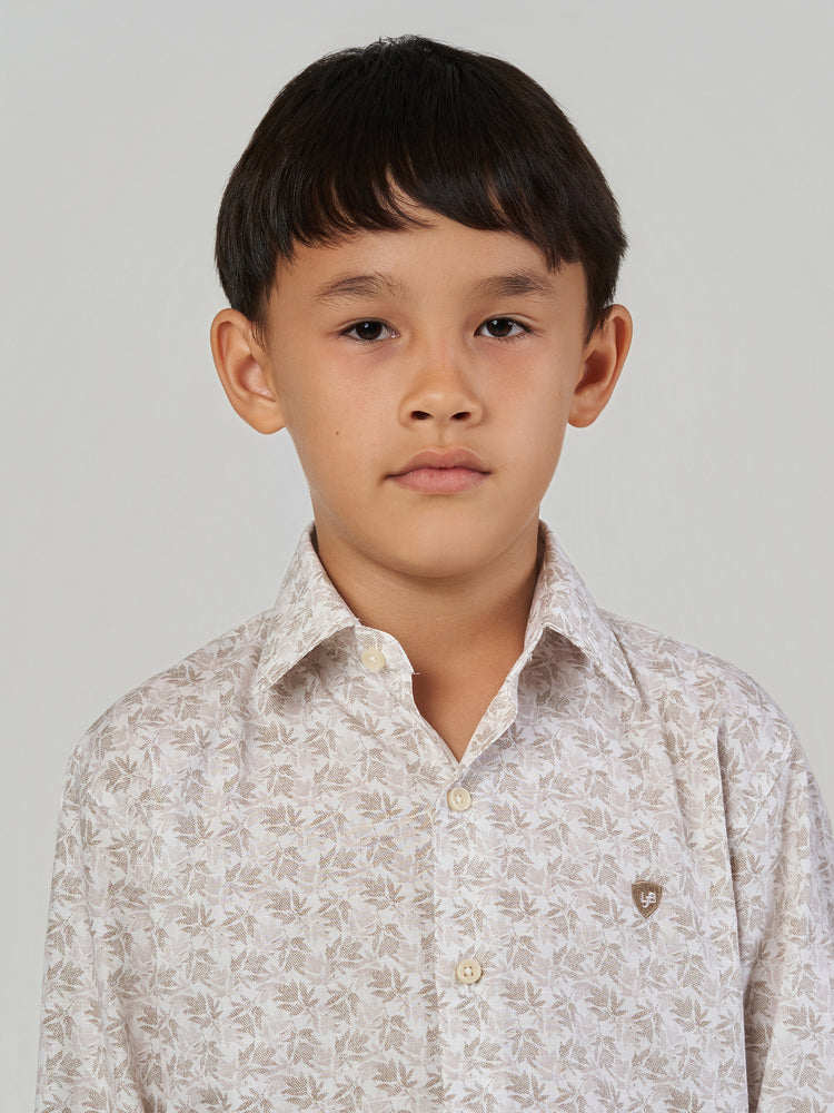 Light Brown Leaf Printed Cotton Viscose Long Sleeve Shirt