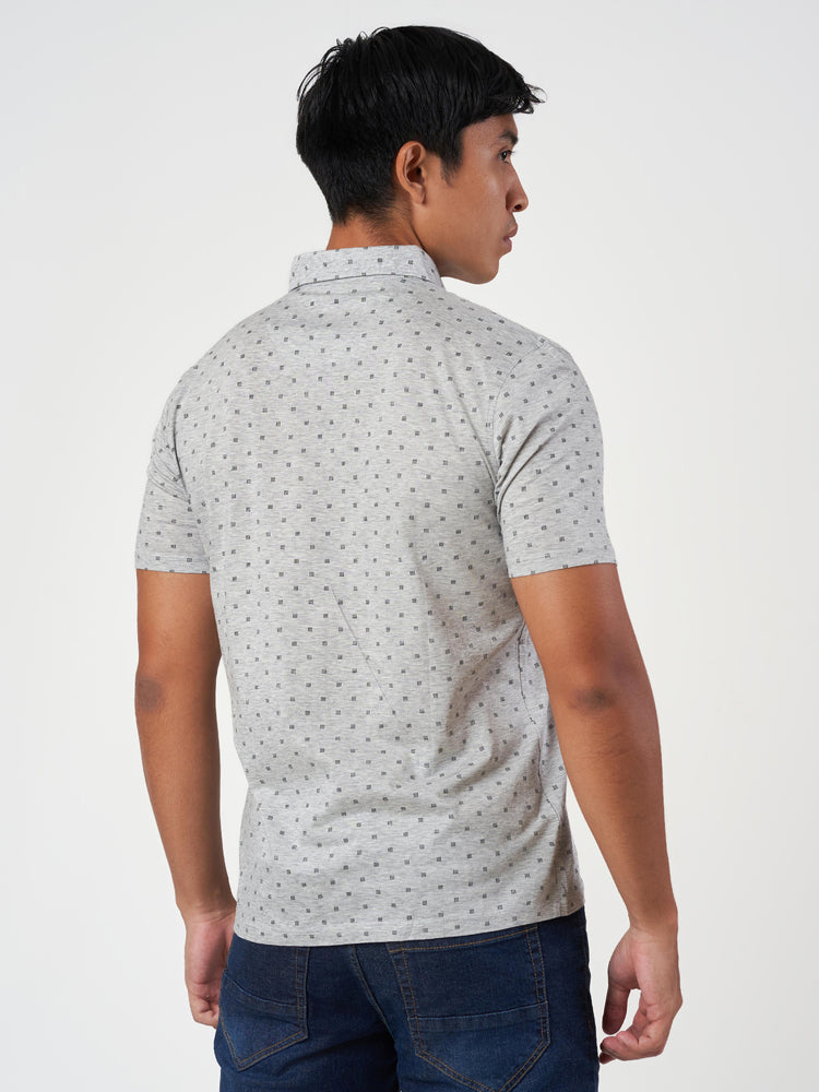 Light Grey Printed Cotton Polo T-Shirt