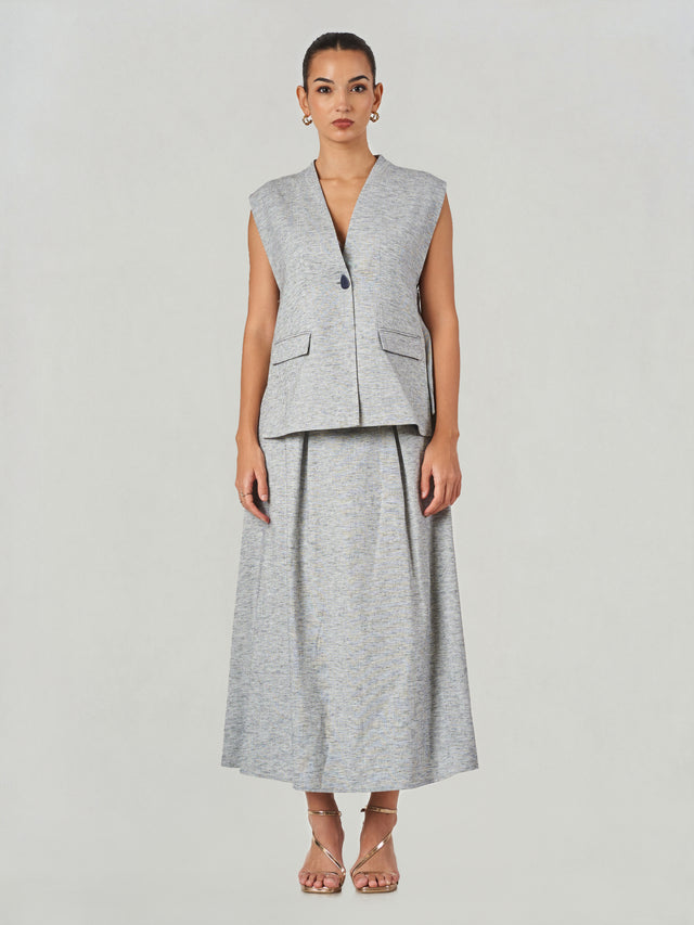 Linen Blend Sleeveless Vest Skirt Set