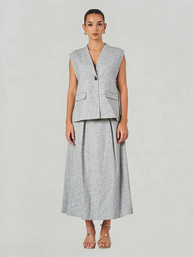 Linen Blend Sleeveless Vest Skirt Set