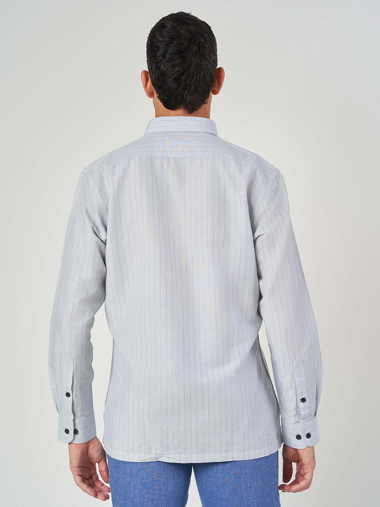 Light Grey Striped Cotton Linen Tailor Fit Shirt