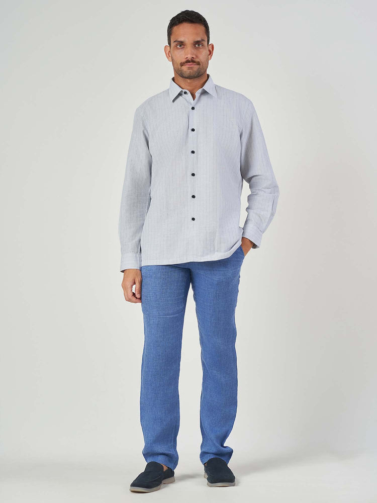Light Grey Striped Cotton Linen Tailor Fit Shirt