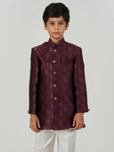 Maroon Jacquard Regular Fit Mandarin Collar Sherwani