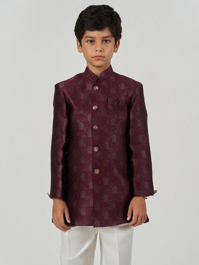 Maroon Jacquard Regular Fit Mandarin Collar Sherwani