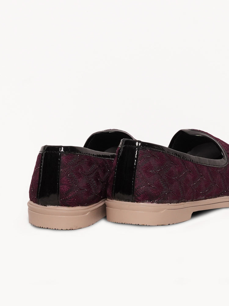 Maroon Textured Embroidered Ethnic Slip-On Shoes