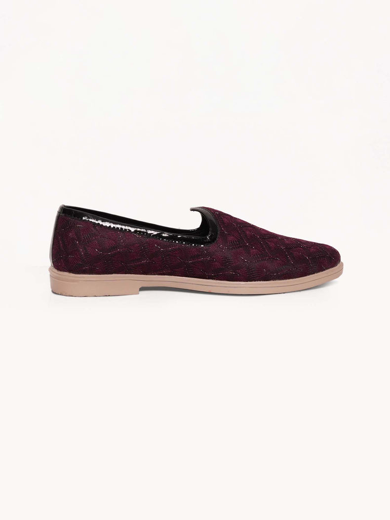 Maroon Textured Embroidered Ethnic Slip-On Shoes