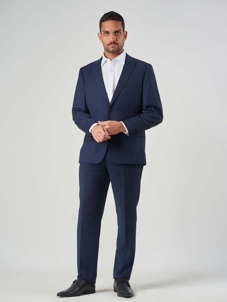 Navy Windowpane Wool Slim Fit Suit