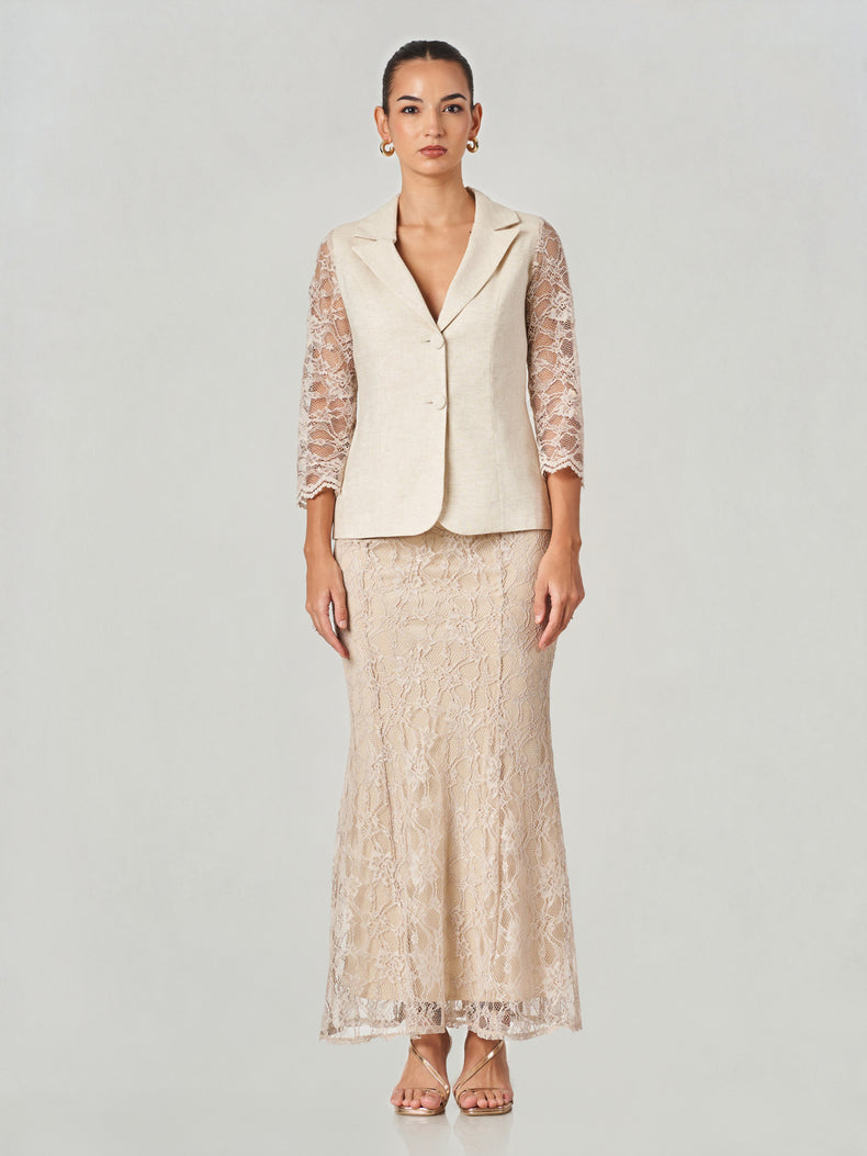 Off White Linen Blend Lace Formal Set