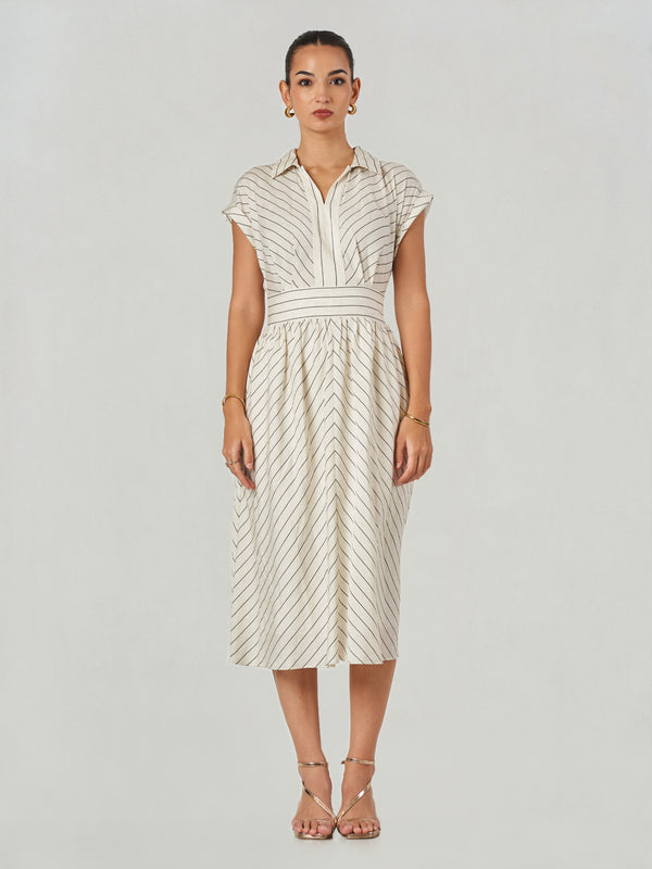 Off White Striped V Neck Midi Dress