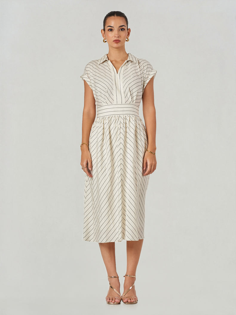 Off White Striped V Neck Midi Dress