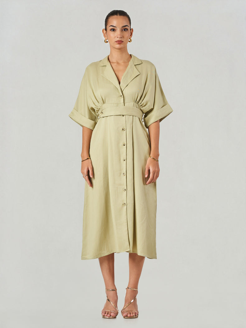 Olive Relaxed Fit Belted Midi Dress