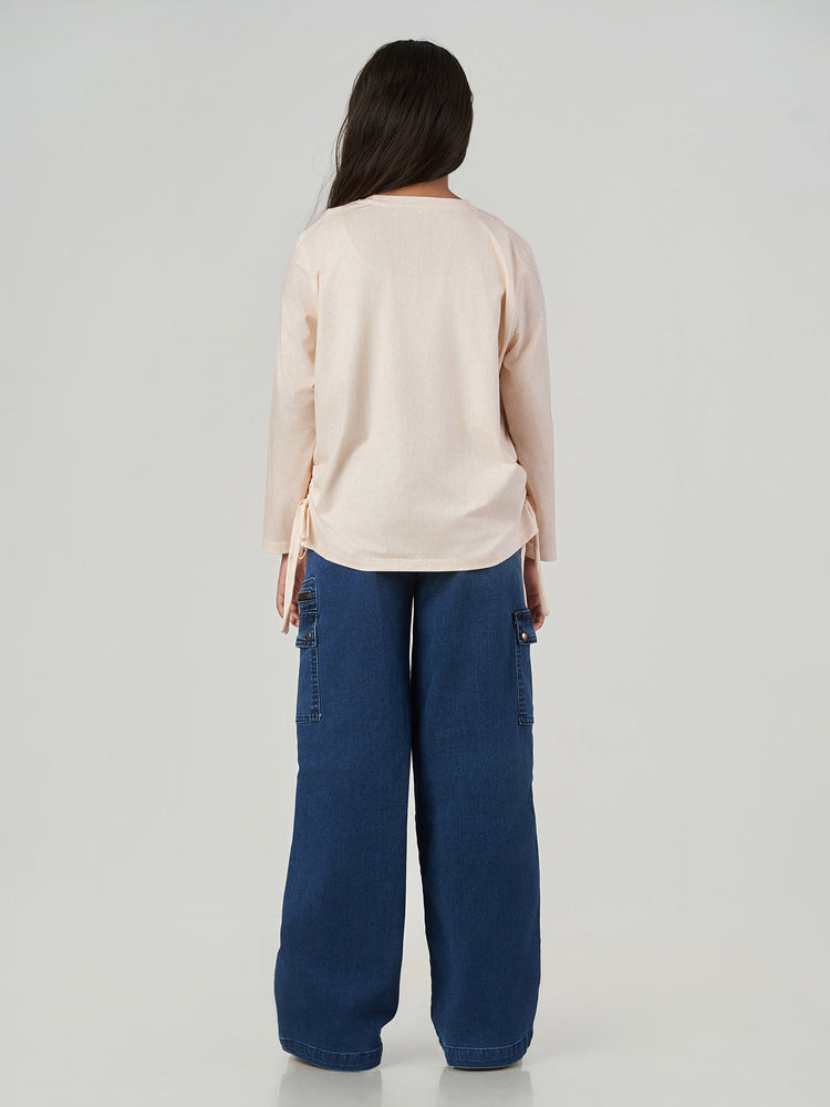 Light Orange Striped Long Sleeve Drawstring Top