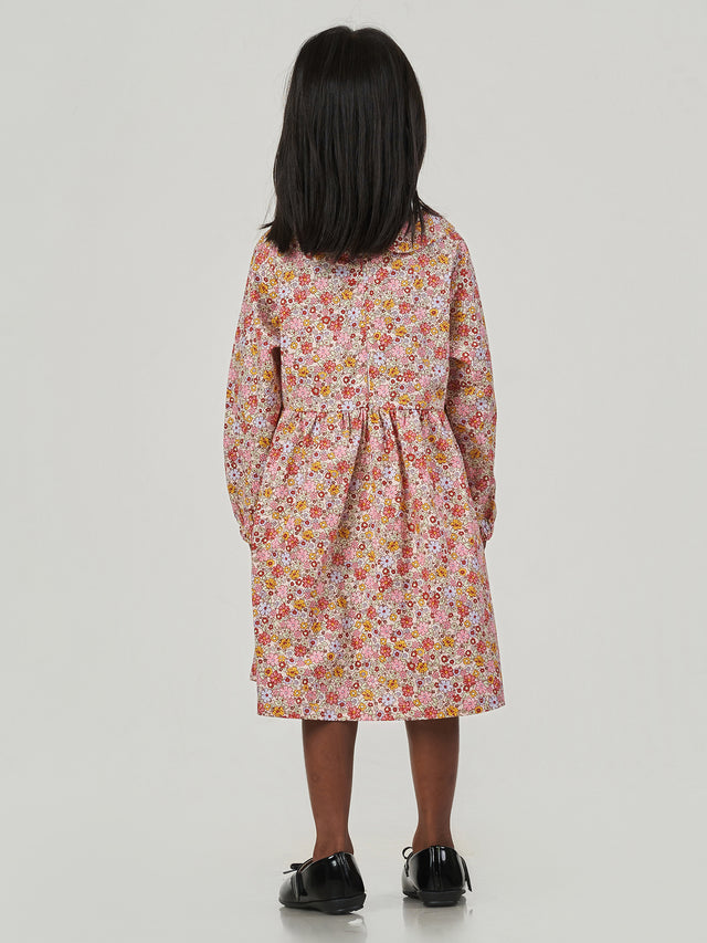 Pink Floral Printed Cotton Long Puff Sleeve Frock