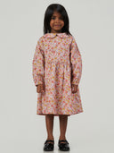 Pink Floral Printed Cotton Long Puff Sleeve Frock