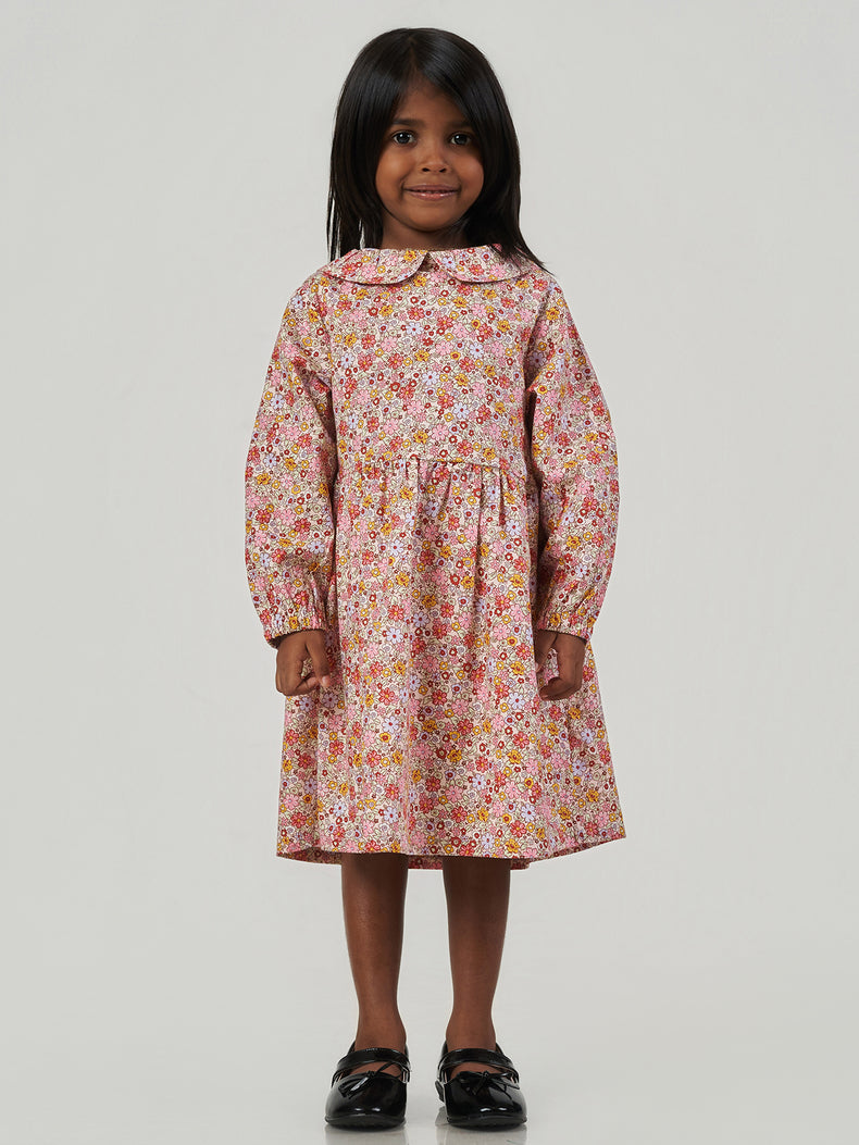 Pink Floral Printed Cotton Long Puff Sleeve Frock