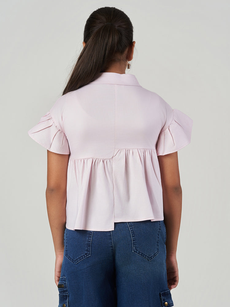 Pink Solid Ruffle Sleeve Button Front Top