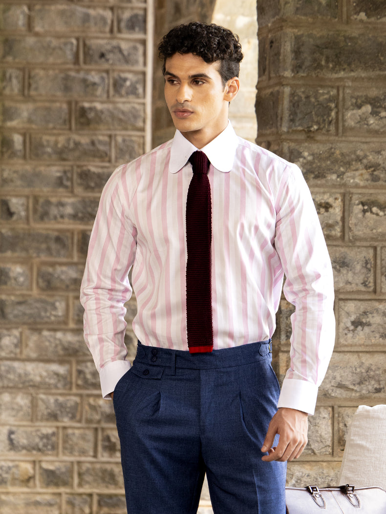 Pink Striped Cotton Tailored Fit Shirt