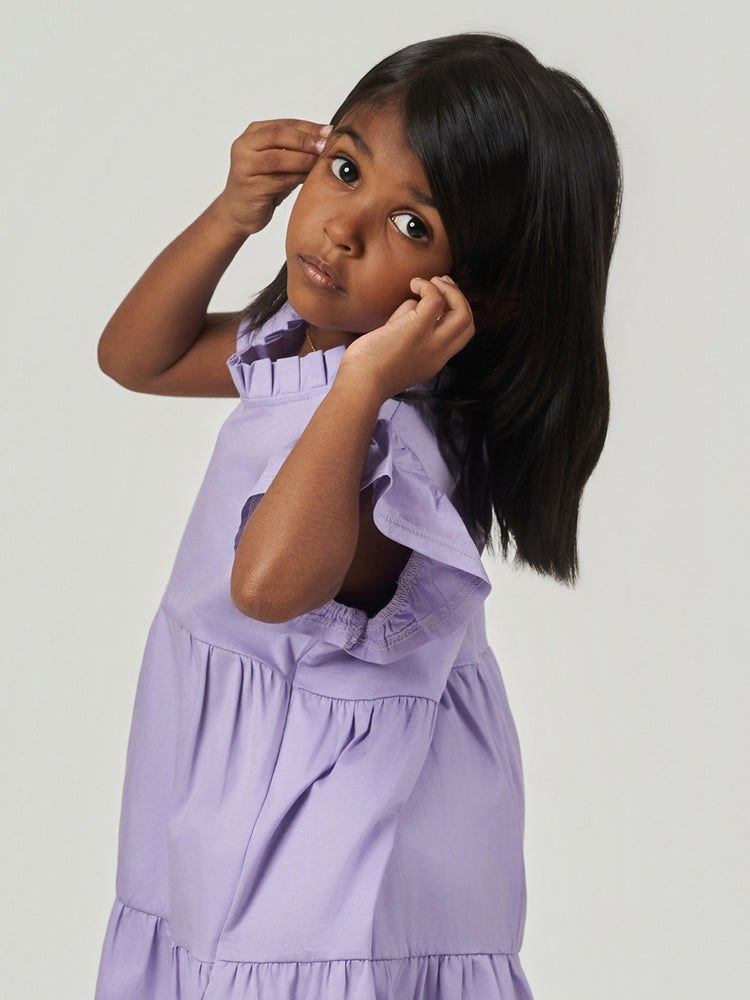 Purple Solid Regular Fit Ruffle Sleeve Dress
