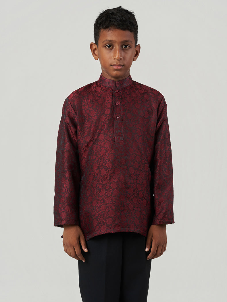 Red Jacquard Regular Fit Long Sleeve Kurta