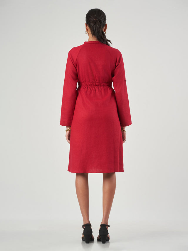 Red Linen Blend Drawstring Shirt Dress