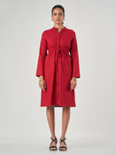 Red Linen Blend Drawstring Shirt Dress