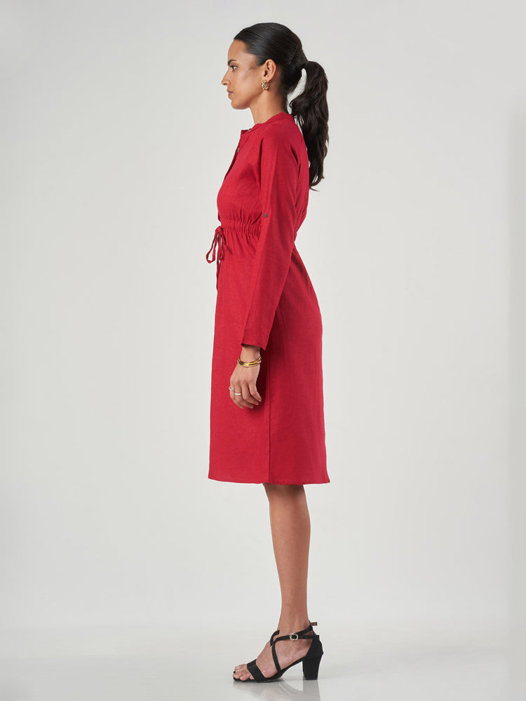 Red Linen Blend Drawstring Shirt Dress