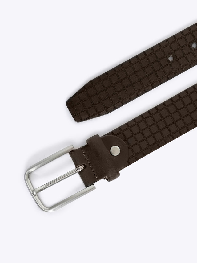 Checkered Grid Embossed Full Grain Leather Belt