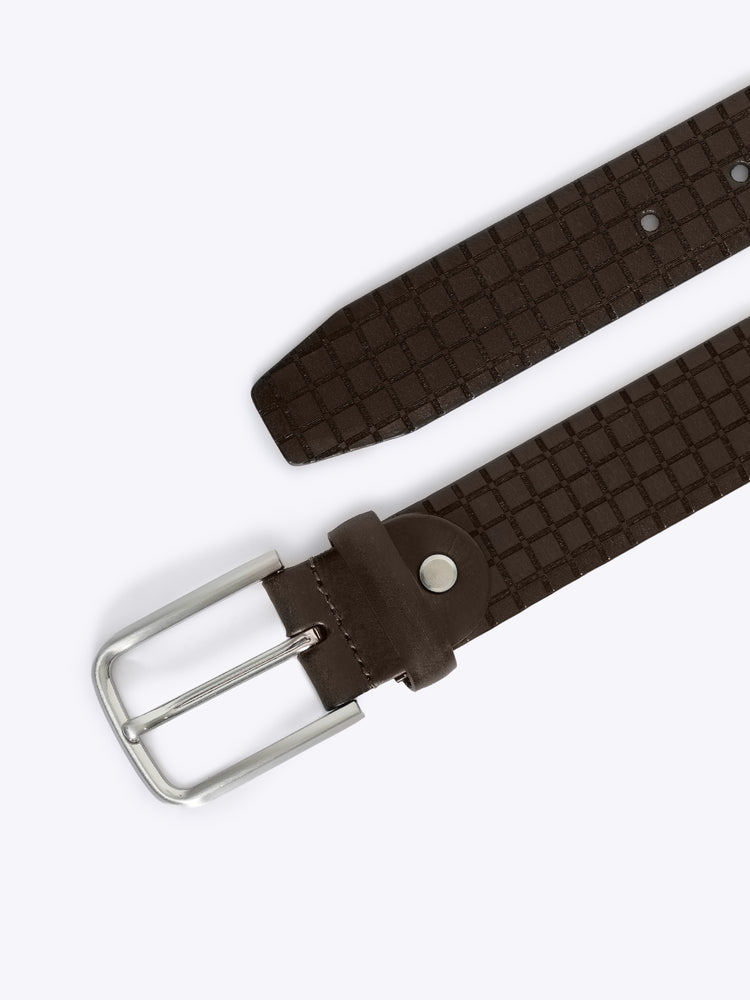 Checkered Grid Embossed Full Grain Leather Belt