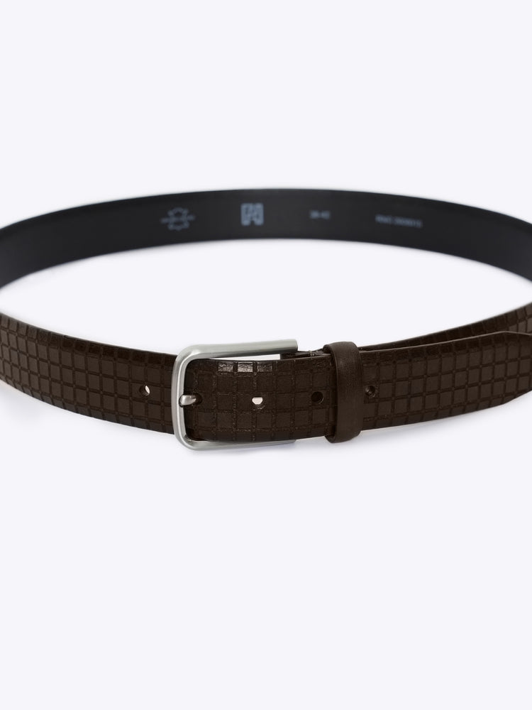 Checkered Grid Embossed Full Grain Leather Belt
