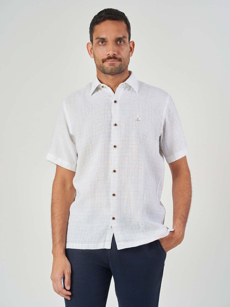 White Checked Linen Regular Fit Short Sleeve Shirt
