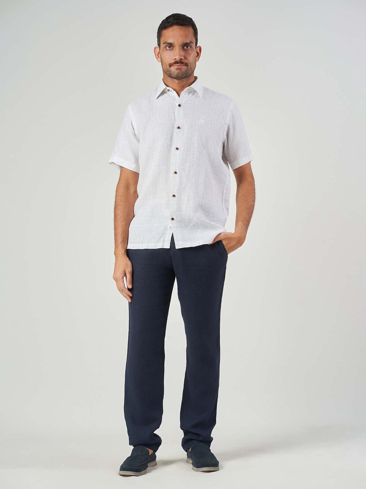 White Checked Linen Regular Fit Short Sleeve Shirt