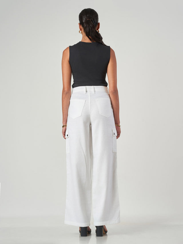 White Regular Fit Linen Blend Cargo Pants