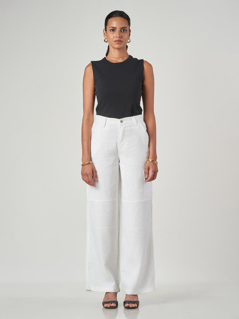 White Regular Fit Linen Blend Cargo Pants