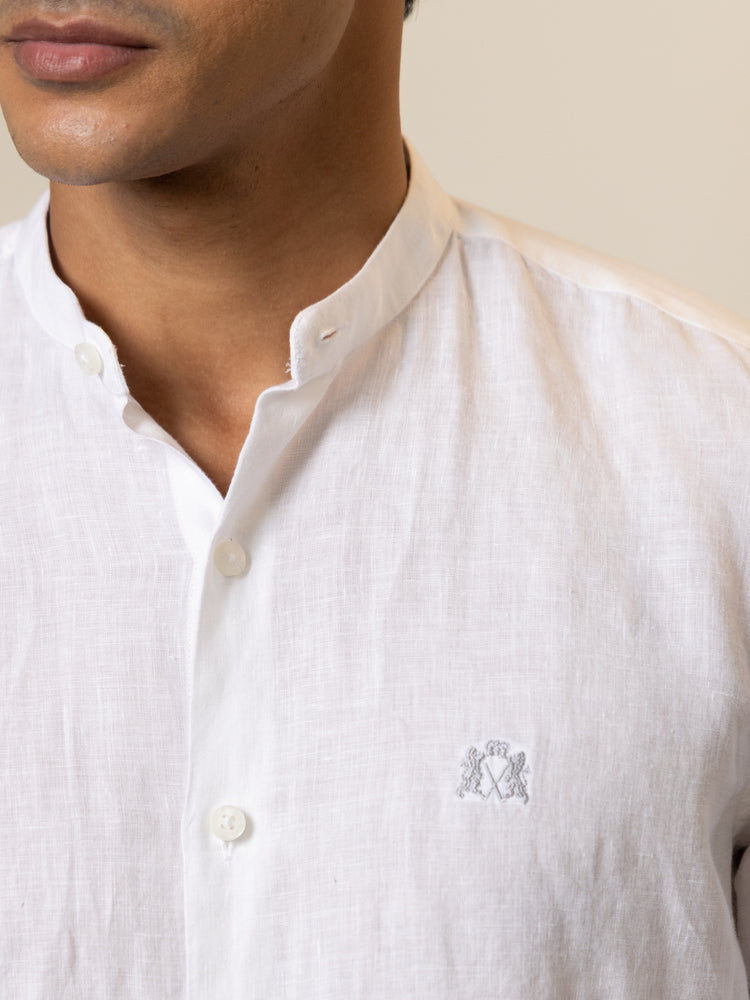 White Linen Tailored Fit Tunic Collar Shirt