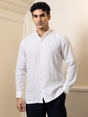 White Linen Tailored Fit Tunic Collar Shirt