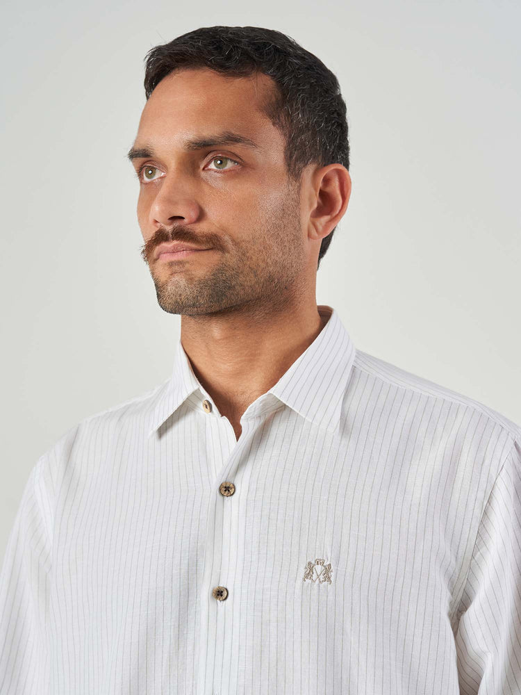 White Striped Cotton Linen Tailor Fit Shirt