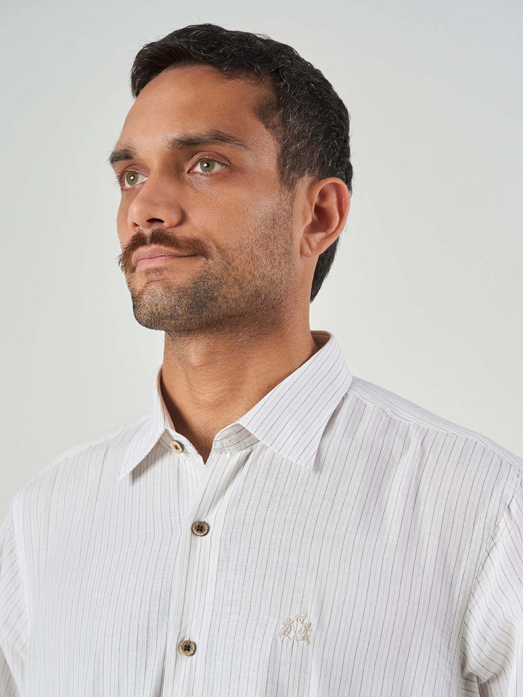 White Striped Cotton Linen Tailor Fit Shirt