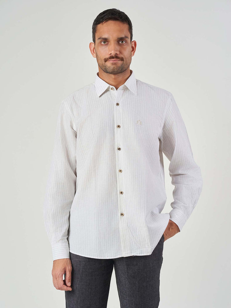 White Striped Cotton Linen Tailor Fit Shirt