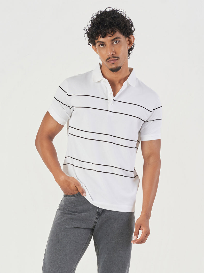 White Striped Cotton Polo T-Shirt